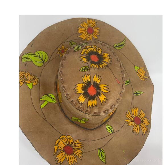 Vintage Leather Stitch Hand Painted Sunflower Wide Brim Ladies Hat ~AMAZING OOAK - Picture 3 of 16